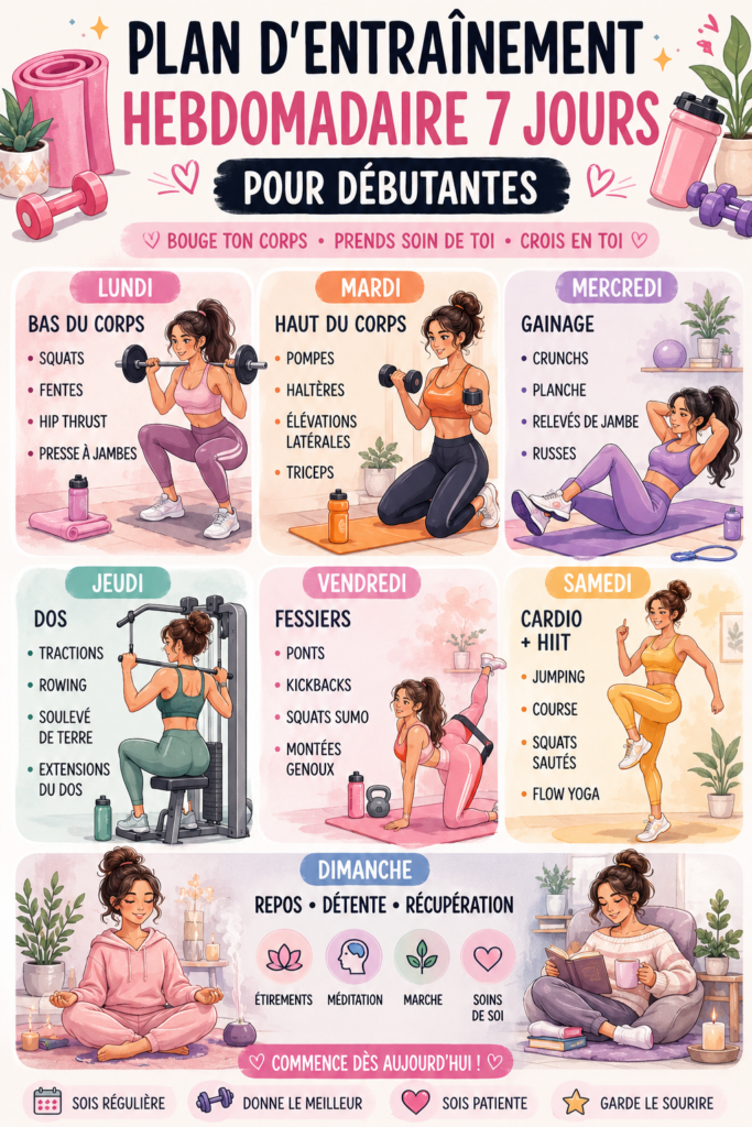 Femme faisant des exercices à la maison suivant un programme d'entraînement hebdomadaire.
