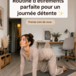 Femme en train de faire des étirements sur un tapis dans un espace calme et relaxant.