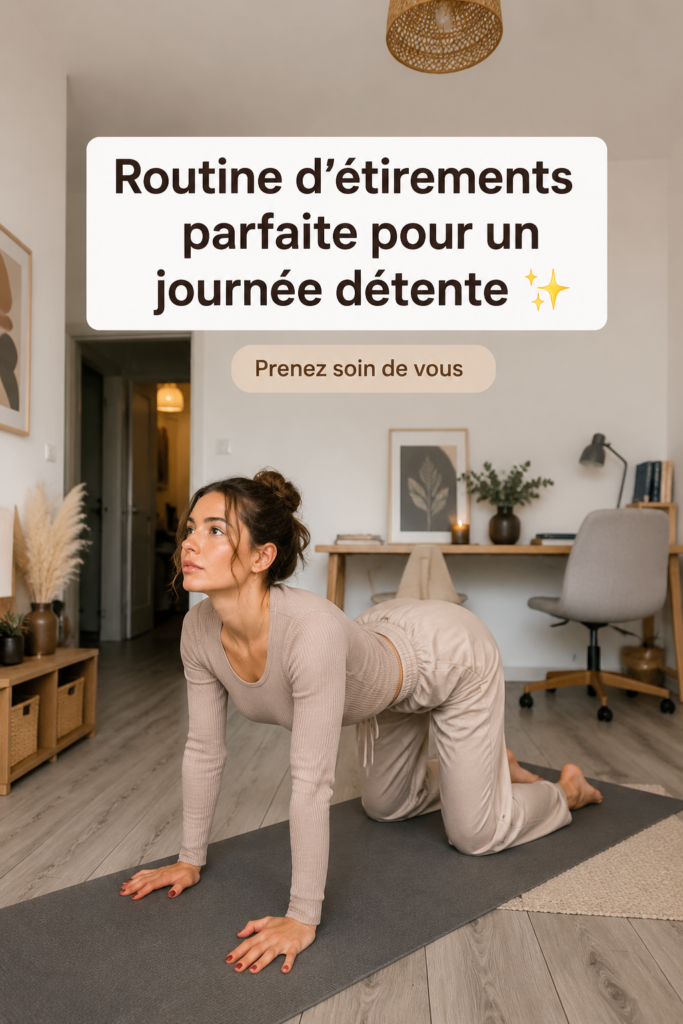 Femme en train de faire des étirements sur un tapis dans un espace calme et relaxant.