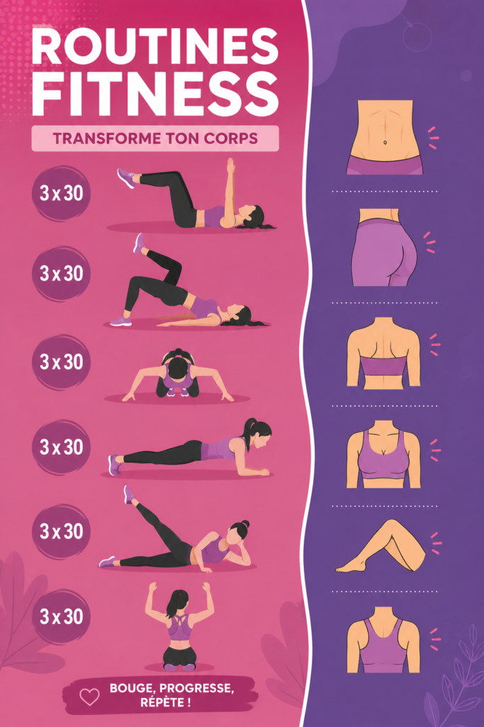 Femme pratiquant le yoga dans son salon, illustrant une routine fitness à domicile.