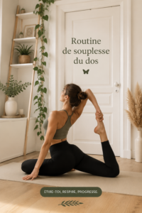 Femme en train de réaliser des exercices de flexibilité du dos sur un tapis.