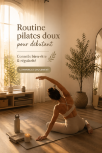 Femme pratiquant le Pilates doux dans un environnement serein, symbolisant la détente et le bien-être.