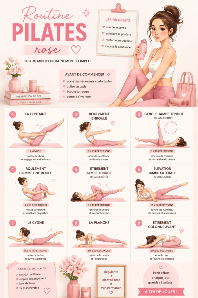Femme pratiquant le Pilates rose dans un environnement chaleureux et accueillant.