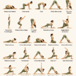 Femme pratiquant le yoga matinal sur un tapis, entourée de nature.