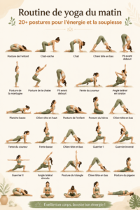 Femme pratiquant le yoga matinal sur un tapis, entourée de nature.