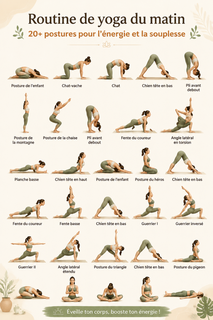 Femme pratiquant le yoga matinal sur un tapis, entourée de nature.