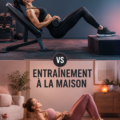 Femme s'entraînant à domicile avec des haltères et un tapis de yoga.