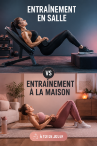 Femme s'entraînant à domicile avec des haltères et un tapis de yoga.