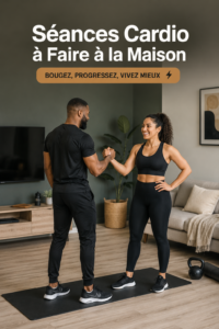 Femme noire en tenue de sport effectuant une séance de cardio à la maison