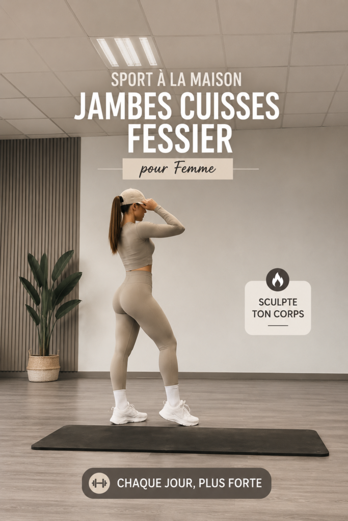 Femme s'entraînant à la maison avec des exercices pour jambes et fessiers.