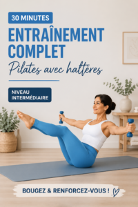 Femme en pleine séance de Pilates avec poids, exerçant des mouvements tonifiants.