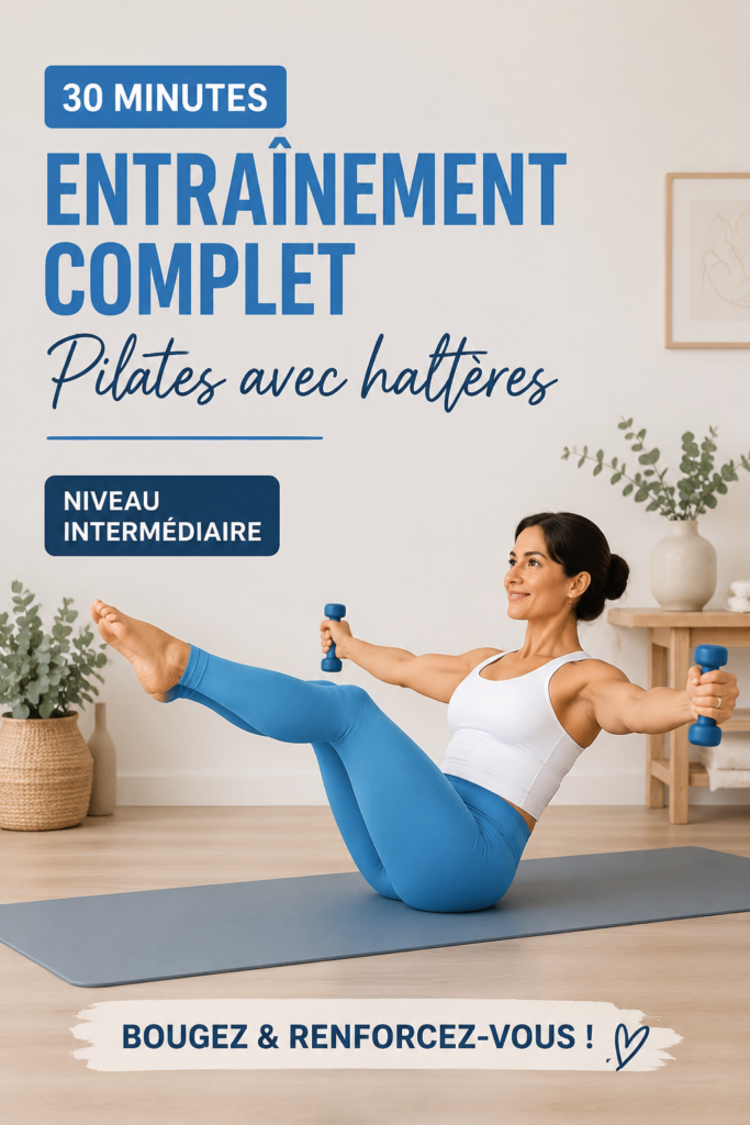 Femme en pleine séance de Pilates avec poids, exerçant des mouvements tonifiants.