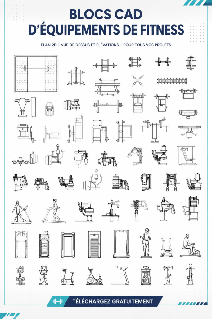 Blocs CAO gratuits pour le matériel de fitness disposés sur une table.