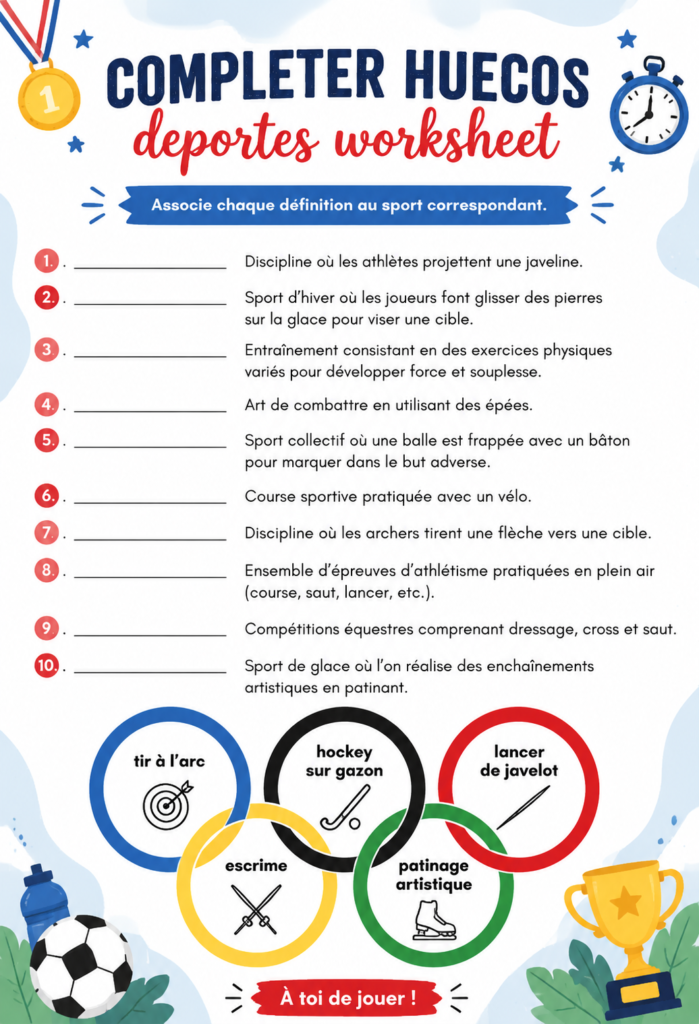 Exemple d'une feuille de travail sportive remplie avec des activités variées