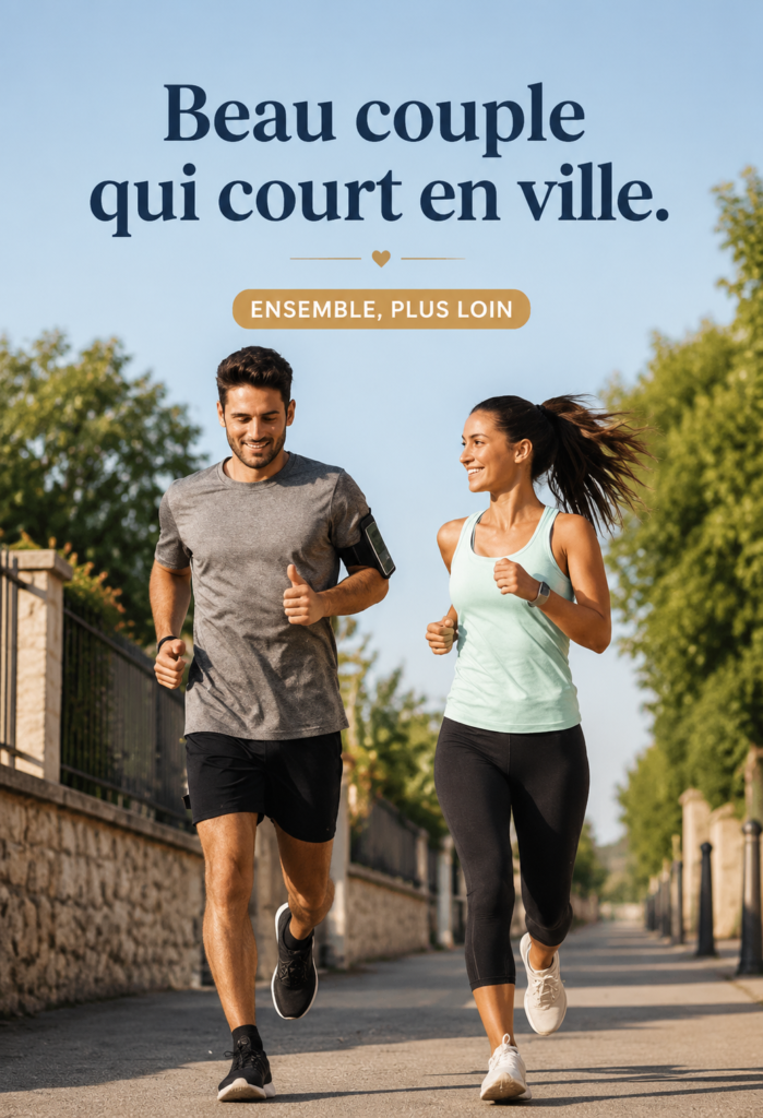 Un couple souriant qui court sur une route ensoleillée, symbole de complicité et d'activité physique