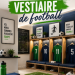 Vestiaire de football décoré avec des couleurs vibrantes et des éléments de motivation, reflétant l'esprit d'équipe.