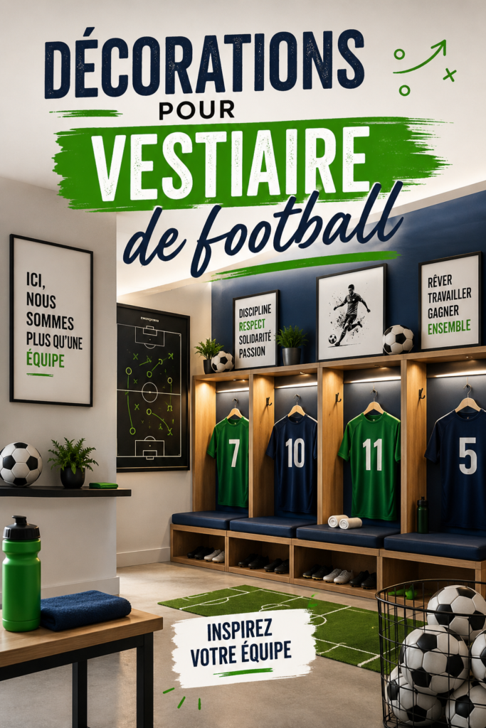 Vestiaire de football décoré avec des couleurs vibrantes et des éléments de motivation, reflétant l'esprit d'équipe.