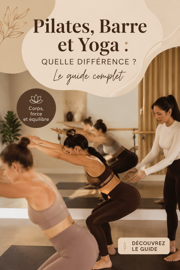 Illustration comparant Pilates, Barre et Yoga pour mieux choisir son activité sportive.