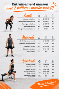 Femme effectuant un entraînement à domicile avec des haltères dans un salon