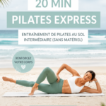 Femme en pleine séance de Pilates express de 20 minutes, dans un environnement serein.