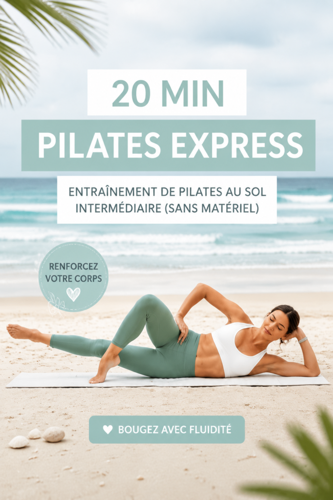 Femme en pleine séance de Pilates express de 20 minutes, dans un environnement serein.