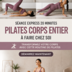 Femme réalisant des exercices de Pilates à la maison dans un environnement chaleureux.