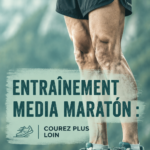 Une femme en tenue de course s'entraîne pour un semi-marathon, avec un sourire déterminé.
