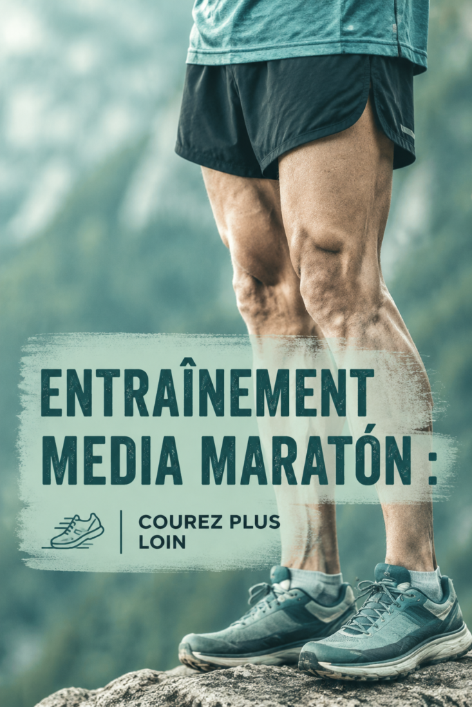 Une femme en tenue de course s'entraîne pour un semi-marathon, avec un sourire déterminé.