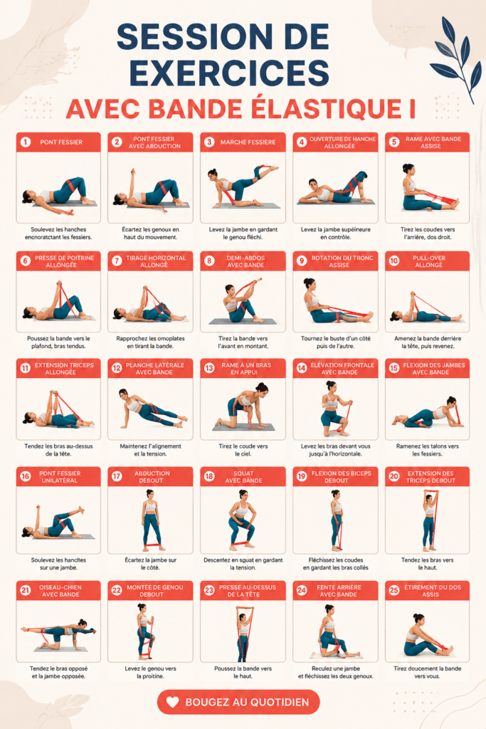 Femme en train de faire des exercices de fitness avec une bande élastique dans un salon.