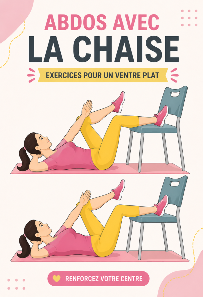 Femme pratiquant des exercices abdominaux avec une chaise dans son salon.