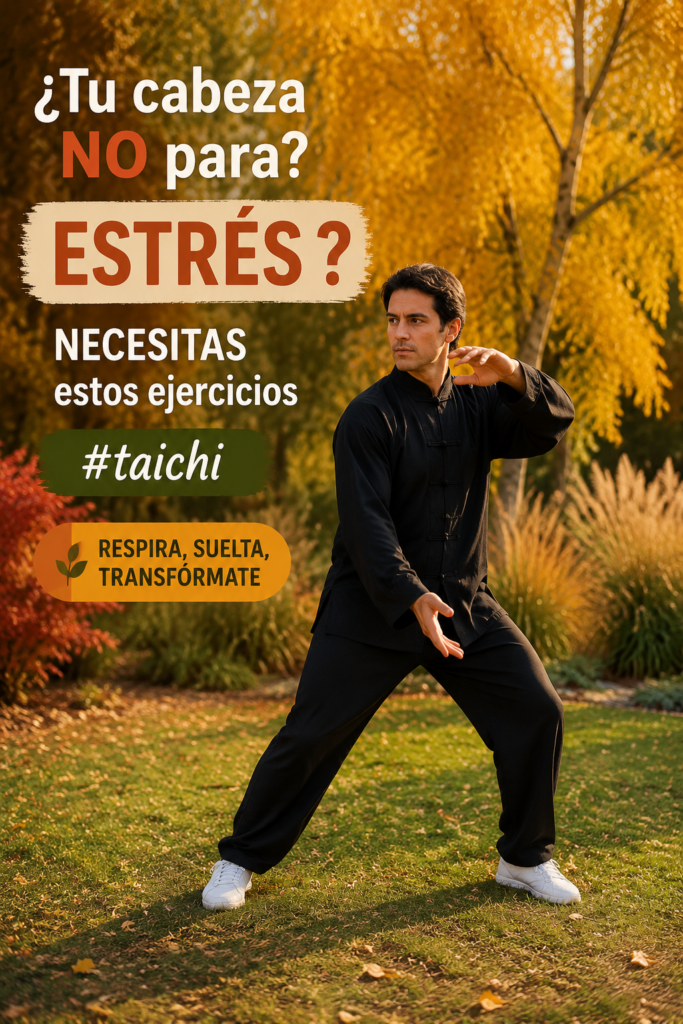 Femme pratiquant le tai-chi dans un parc, visage serein et détendu.