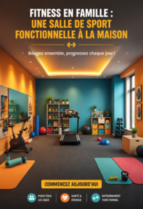 Un coin gym familial dans un salon accueillant avec divers équipements de fitness.