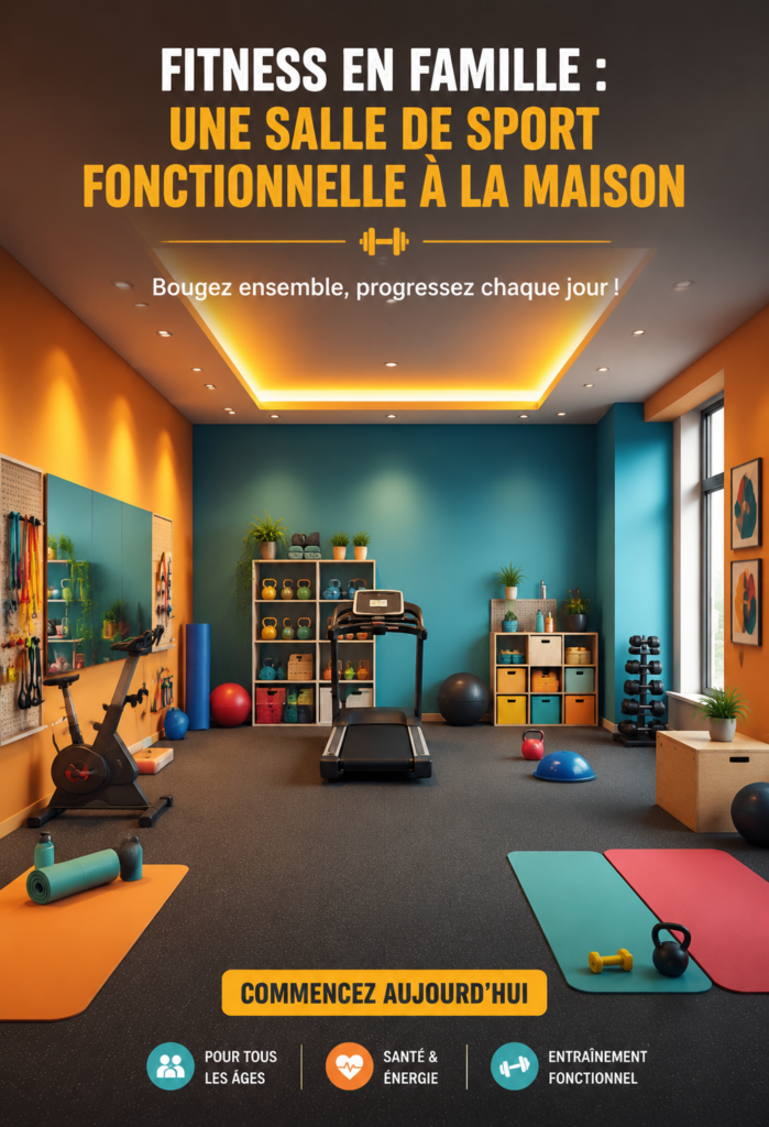 Un coin gym familial dans un salon accueillant avec divers équipements de fitness.