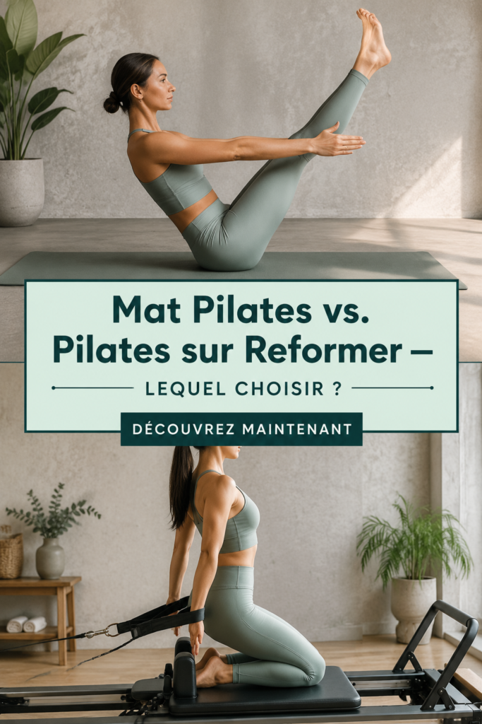 Femme pratique le Mat Pilates sur un tapis dans un studio lumineux.