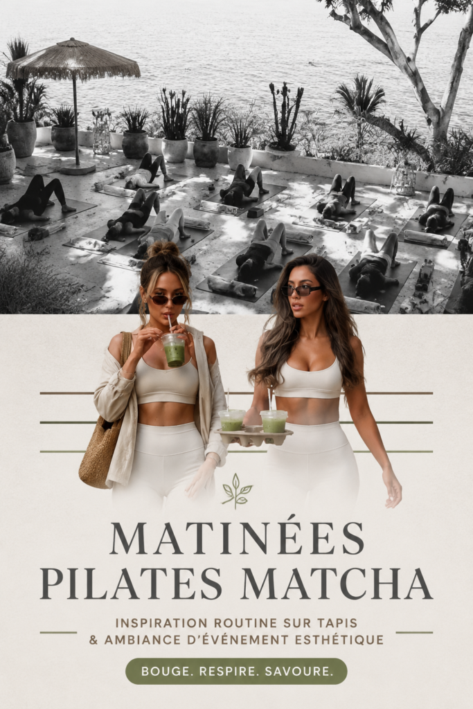 Une tasse de matcha bien chaud à côté d'un tapis de Pilates