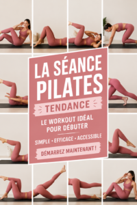 Femme en train de faire du pilates à la maison, posant sur un tapis.