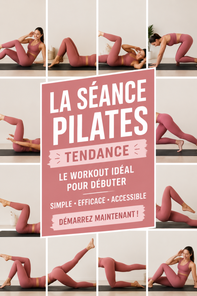 Femme en train de faire du pilates à la maison, posant sur un tapis.