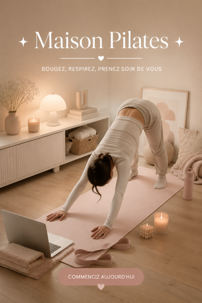 Femme pratiquant le Pilates à la maison dans un espace zen
