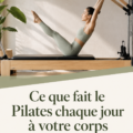 Femme en train de pratiquer le Pilates au lever du soleil, montrant la flexibilité et la concentration