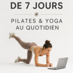 Femme pratiquant le yoga sur un tapis, illustrant un programme de yoga et pilates.
