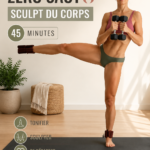 Femme en pleine séance d'entraînement de Pilates sans saut, sourire aux lèvres.
