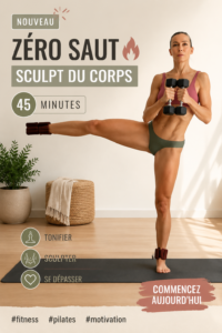 Femme en pleine séance d'entraînement de Pilates sans saut, sourire aux lèvres.