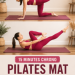 Femme pratiquant des exercices de Pilates dans un salon lumineux.
