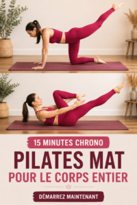 Femme pratiquant des exercices de Pilates dans un salon lumineux.