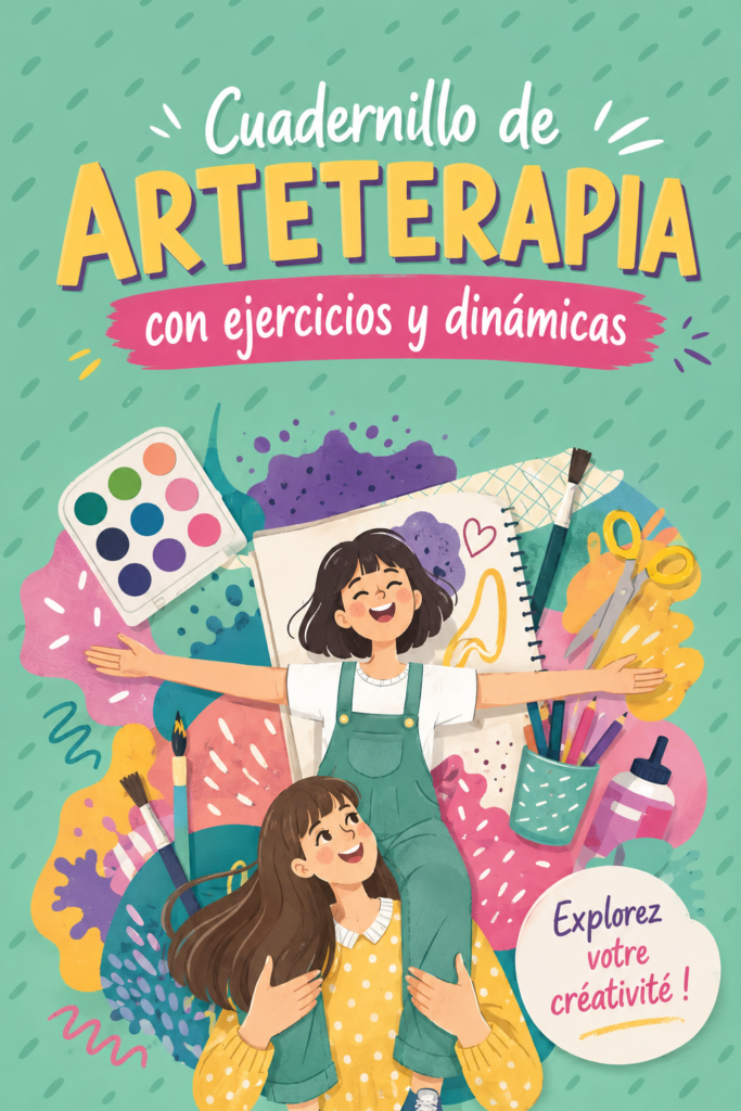 Une femme explore l'art-thérapie avec des crayons et de la peinture, exprimant sa créativité.