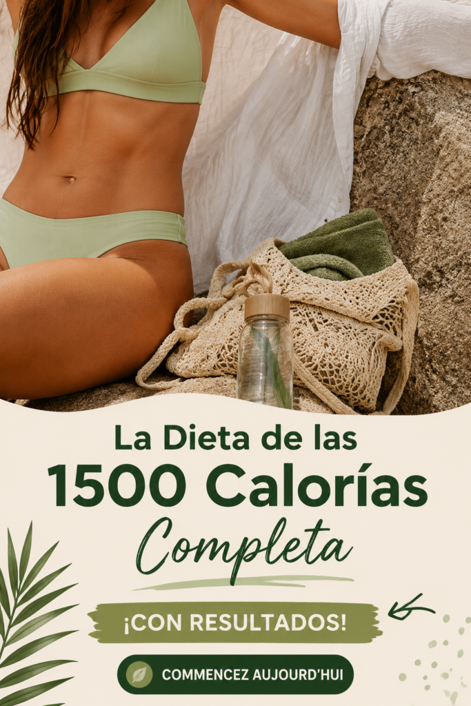 Femme examinant un repas sain à 1500 calories sur une table ensoleillée.