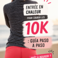 Femme s'échauffant avant une course de 10 km dans un parc.