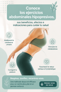 Femme pratiquant des exercices abdominaux hypopressifs sur un tapis de yoga.