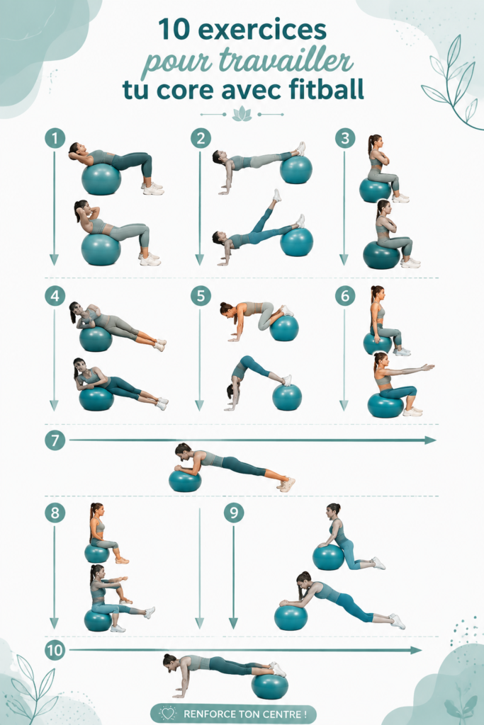 Femme faisant des exercices de core sur un fitball dans son salon