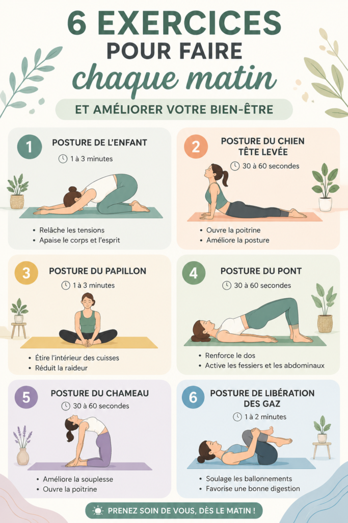 Femme pratiquant des exercices de yoga le matin pour améliorer son bien-être.